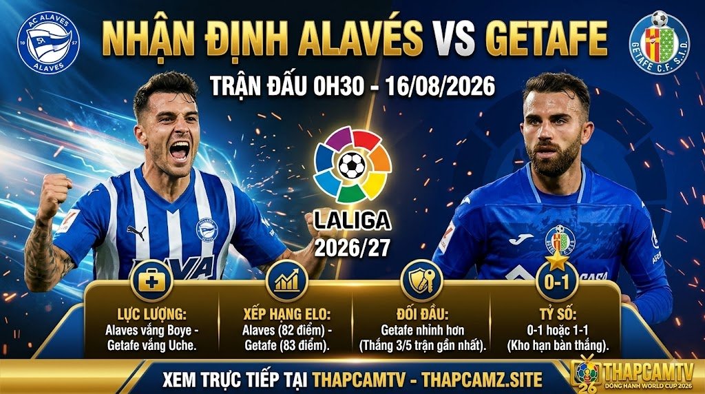 Nhận định bóng đá Alaves vs Getafe vòng 1 La Liga 2026/27, phân tích lực lượng, điểm ELO và dự đoán tỷ số từ ThapcamTV.