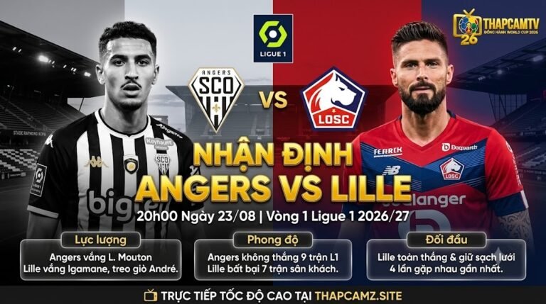 Bìa nhận định bóng đá Angers vs Lille vòng 1 Ligue 1 2026/27, phân tích lực lượng và đội hình dự kiến cùng Thập Cẩm TV.