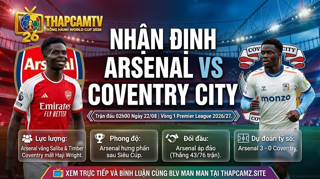 Nhận định bóng đá trận Arsenal vs Coventry City vòng 1 Ngoại hạng Anh 2026/27 chi tiết cùng ThapcamTV.