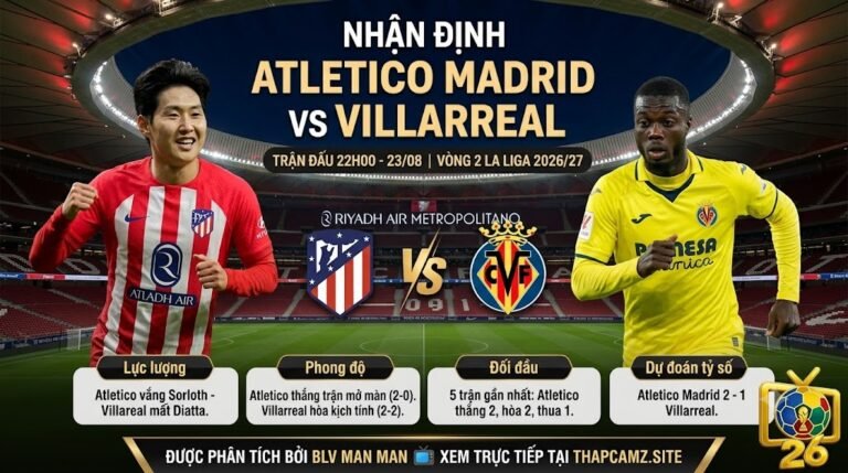 Hình ảnh nhận định trận đấu Atletico Madrid vs Villarreal vòng 2 La Liga 2026/27, nổi bật với tiền vệ Lee Kang-in tại chảo lửa Metropolitano, phân tích bởi BLV Man Man - ThapcamTV.