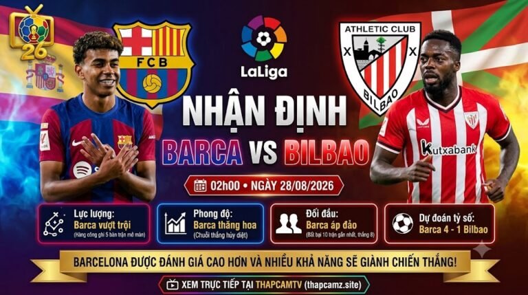 Ảnh bìa nhận định trận đấu Barcelona vs Athletic Bilbao lúc 02h00 ngày 28/08 vòng 2 La Liga 2026/27. Cập nhật thông tin lực lượng, phong độ và góc nhìn chuyên môn từ nền tảng trực tiếp bóng đá ThapcamTV.