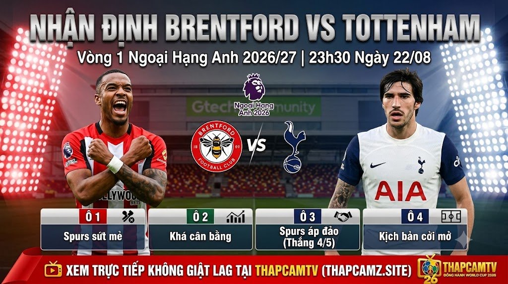 Ảnh bìa nhận định trận đấu Brentford vs Tottenham vòng 1 Ngoại Hạng Anh 2026/27. Tổng quan lực lượng, phong độ và dự đoán kịch bản trận đấu từ chuyên gia ThapcamTV.