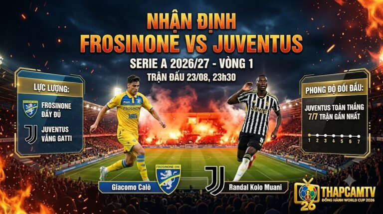 Ảnh bìa nhận định trận đấu giữa Frosinone vs Juventus vòng 1 Serie A 2026/27, nổi bật hình ảnh cầu thủ hai đội cùng thông tin lực lượng và phong độ.