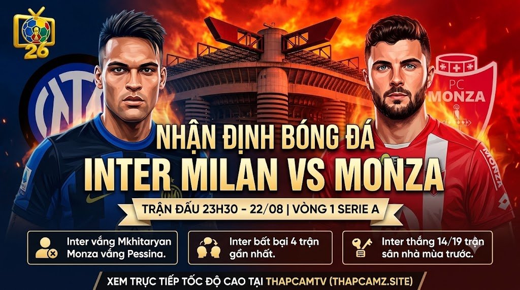 Ảnh bìa nhận định bóng đá trận Inter Milan vs Monza vòng 1 Serie A ngày 22/08/2026 với Lautaro Martinez và Patrick Cutrone trên ThapcamTV.