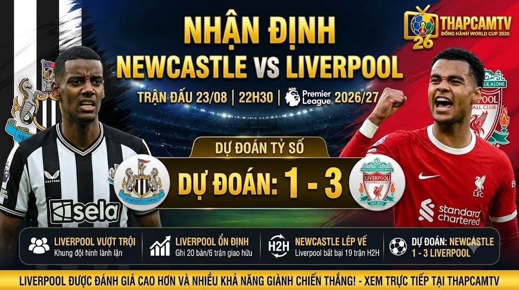 Ảnh bìa nhận định trận đấu Newcastle vs Liverpool vòng 1 Ngoại Hạng Anh 2026/27, đánh giá phong độ và dự đoán kết quả cùng ThapcamTV.