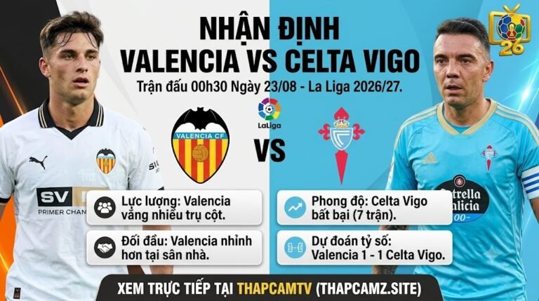 Nhận định bóng đá Valencia vs Celta Vigo lúc 00h30 ngày 23/08, phân tích tổng quan lực lượng và phong độ hai đội.