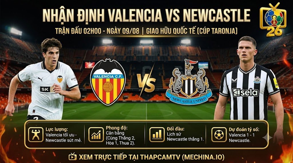 Hình ảnh nhận định tổng quan, thông tin lực lượng và phong độ trận Valencia vs Newcastle lúc 02h00 ngày 09/08.