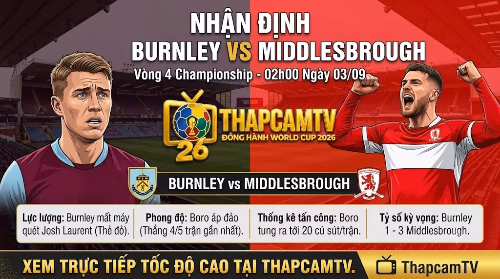 Hình ảnh nhận định bóng đá Burnley vs Middlesbrough vòng 4 Championship lúc 02h00 ngày 3/9, thống kê phong độ và thông tin lực lượng trên ThapcamTV.